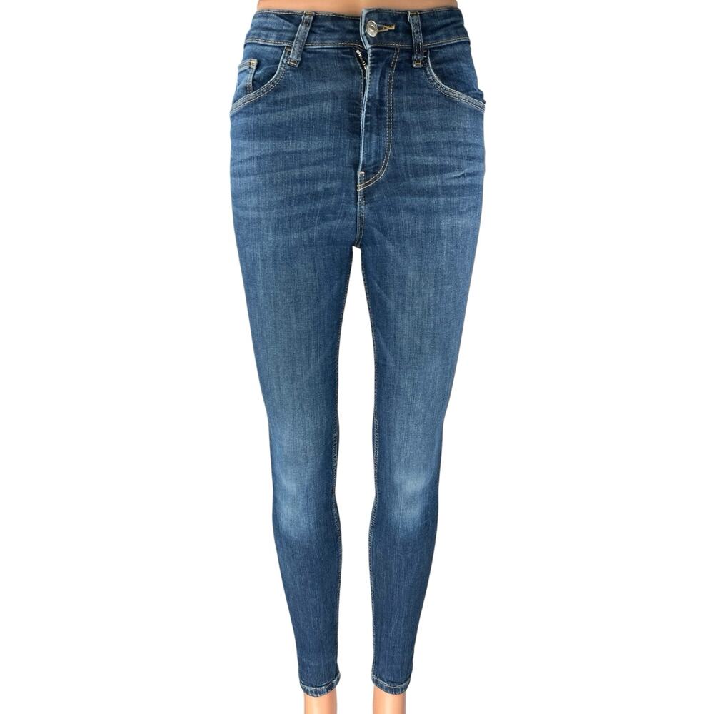 Zara Women's Blue High Waisted Medium Wash Stretch Skinny Denim Jeans Size 2